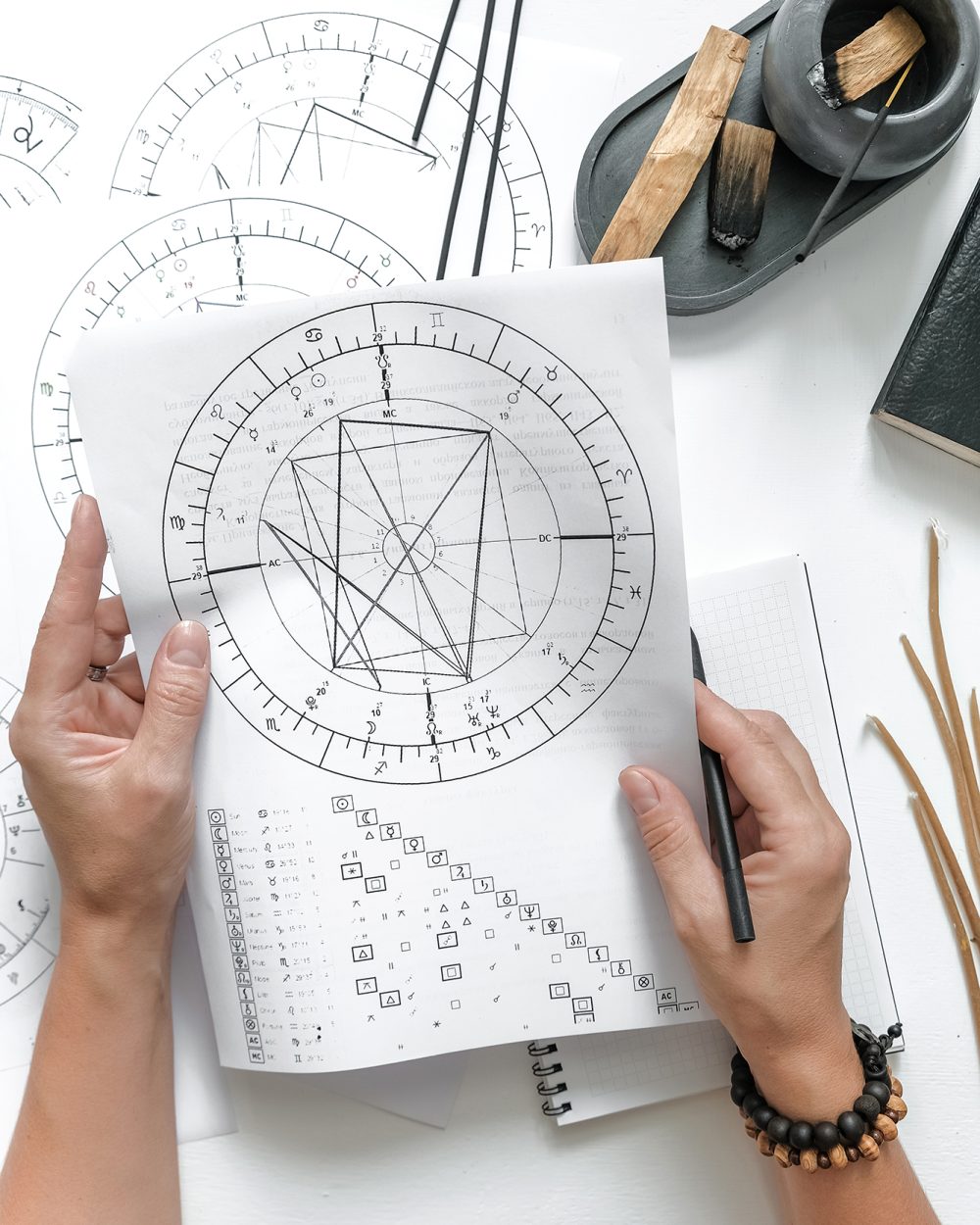 Astrology. Astrologer calculates natal chart and makes a forecast of fate Tarot cards, Fortune telling on tarot cards magic crystal, occultism, Esoteric background. Fortune telling,tarot predictions
